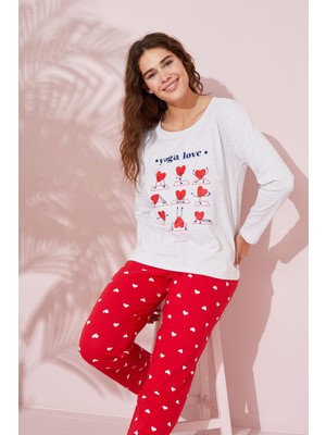 Siyah İnci Bej Melanj Baskılı Pamuklu Örme Pijama Takım 24240158