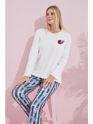 Siyah İnci Ekru Çokrenkli Pamuklu Örme Pijama Takım 24240181