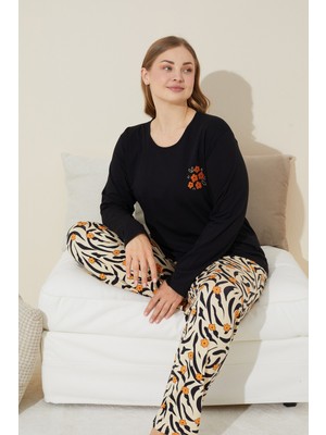 Siyah İnci Siyah Nakışlı Pamuklu Curve Büyük Beden Battal Boy Örme Pijama Takım 24240629