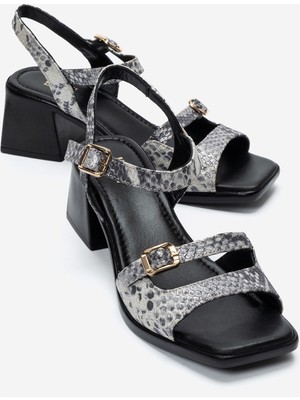 Luvi Yolen Siyah Desenli Hakiki Deri Kadın Kalın Topuklu Sandalet