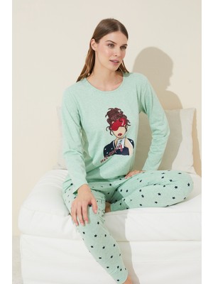Siyah İnci Yeşil Baskılı Pamuklu Örme Pijama Takım 24240135