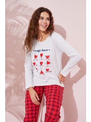 Siyah İnci Bej Melanj Baskılı Pamuklu Örme Pijama Takım 24240147