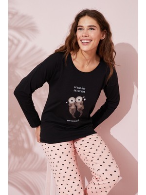 Siyah İnci Siyah Baskılı Pamuklu Örme Pijama Takım 24240153