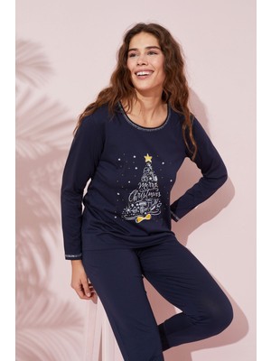 Siyah İnci Lacivert Baskılı Pamuklu Örme Pijama Takım 24240150
