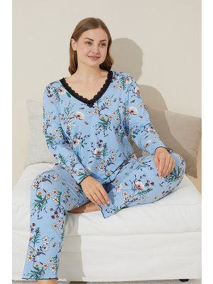 Siyah İnci Mavi Çiçek Desenli Pamuklu Curve Büyük Beden Battal Boy Örme Pijama Takım 24240622