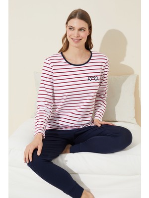 Siyah İnci Kırmızı Beyaz Çizgi Desenli Nakışlı Pamuklu Örme Pijama Takım 24240133