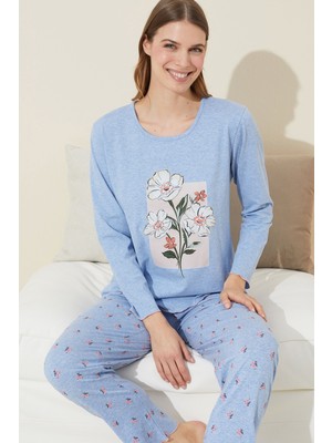 Siyah İnci Mavi Baskılı Pamuklu Örme Pijama Takım 24240124