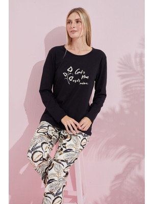 Siyah İnci Siyah Çokrenkli Pamuklu Örme Pijama Takım 24240183