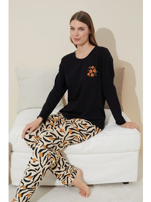 Siyah İnci Siyah Nakışlı Pamuklu Örme Pijama Takım 24240106