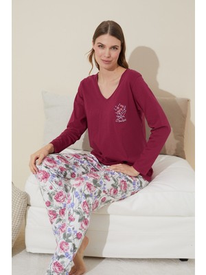 Siyah İnci Bordo Nakışlı Pamuklu Örme Pijama Takım 24240104