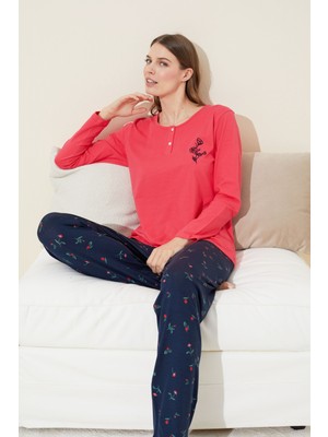Siyah İnci Narçiçeği Nakışlı Düğmeli Pamuklu Örme Pijama Takım 24240100