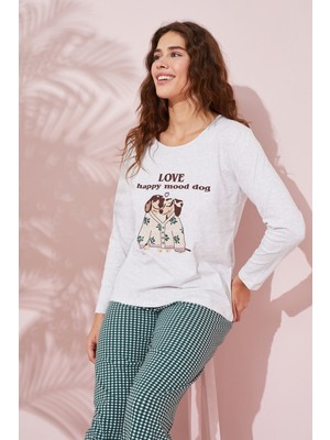Siyah İnci Bej Melanj Baskılı Pamuklu Örme Pijama Takım 24240149