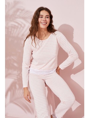 Siyah İnci Somon Beyaz Çizgi Desenli Dantel Detaylı Pamuklu Örme Pijama Takım 24240148