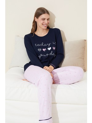 Siyah İnci Lacivert Baskılı Pamuklu Örme Pijama Takım 24240096