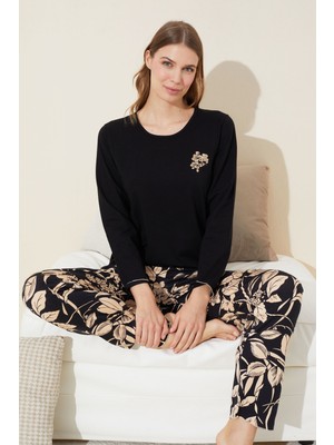 Siyah İnci Siyah Nakışlı Pamuklu Örme Pijama Takım 24240094