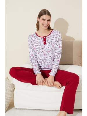 Siyah İnci Beyaz Çiçek Desenli Düğmeli Pamuklu Örme Pijama Takım 24240128