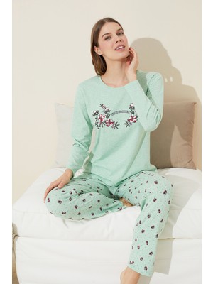Siyah İnci Yeşil Baskılı Pamuklu Örme Pijama Takım 24240119
