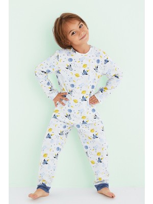 Siyah İnci Erkek Çocuk Beyaz Renkli Desenli Pamuklu Pijama Takım 24225803