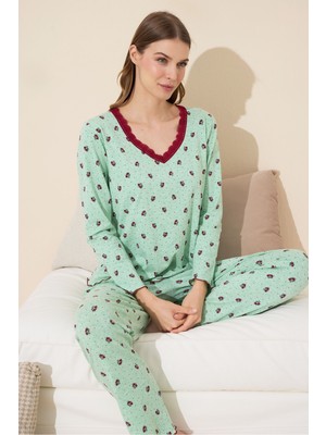 Siyah İnci Yeşil Çiçek Desenli Pamuklu Örme Pijama Takım 24240086
