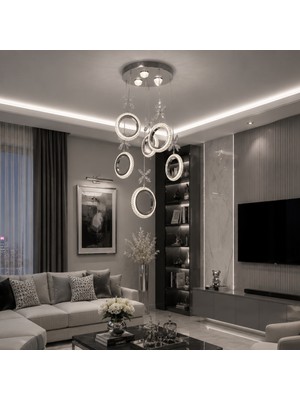 TT802-5+1-KR Tt Aydınlatma Akrilik Simit 6 Lı Ledli Krom Kaplama 3 Renk Modüllü Ledli Avize