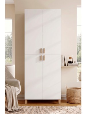 Robin Home Porto 4 Kapaklı Ahşap Ayaklı Geniş Çok Amaçlı Dolap Ayakkabılık Mutfak Kiler Banyo Erzak Dolabı Beyaz