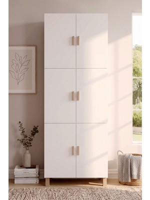 Robin Home Porto 6 Kapaklı Ahşap Ayaklı Çok Amaçlı Dolap Ayakkabılık Mutfak Kiler Banyo Erzak Dolabı Beyaz