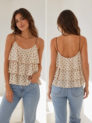 Bebe Plus Kadın Puantiyeli Şifon Askılı Kat Kat Fırfırlı Bluz Günlük Şık Yazlık Ince Kumaş Crop Atlet