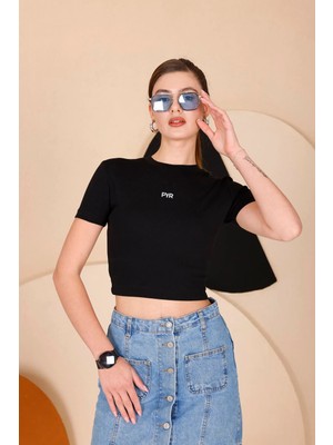 Piyera Kadın Siyah Bisiklet Yaka Crop T-Shirt - 169