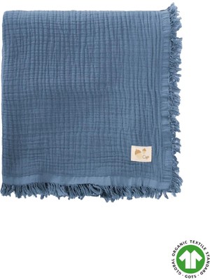 Cigit Dört Katlı Püsküllü Organic Müslin Battaniye 80 X120 Cm İndigo Mavi