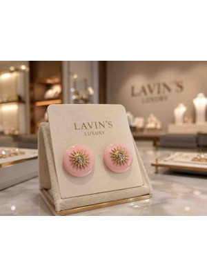 Lavin’s Luxury Gold Güneş Motifli Pudra Pembe Statement Küpe