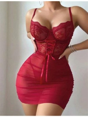 Amora Secret  Özel Tasarım Korse Görünümlü Bordo Dantel Işlemeli Tül Fantezi Gecelik