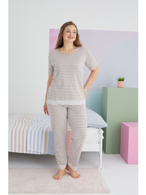 Siyah İnci Vizon Curve Büyük Beden Battal Boy Pamuklu Örme Pijama Takımı