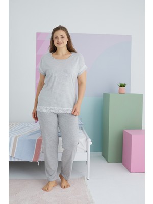 Siyah İnci Gri Curve Büyük Beden Battal Boy Pamuklu Örme Pijama Takımı