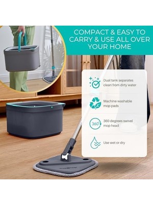 & Clean Paspas ve Kova Sistemi, Kare Döndürmeli Paspas, Çift Bölmeli Paspas Kovası ve 2 Kalın Makinede Yıkanabilir Paspas Pedleri (Spin Mop) Içerir
