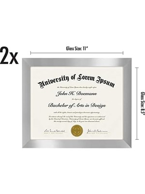 8,5 x 11 Gümüş Resim Çerçevesi - 2'li Set - Kırılmaya Dayanıklı Camlı Diploma Çerçevesi Veya Sertifika Çerçevesi Olarak Kullanın - Duvar ve Masa Üstü Ekran Için Asma Donanım ve Şövale