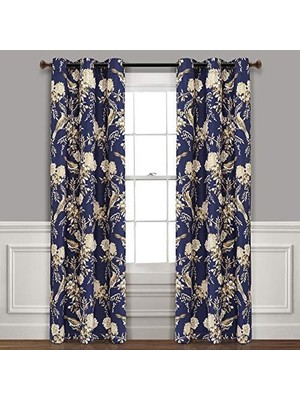 Lush, Lacivert ve Boz Kahverengi Çiftlik Evi Kuş ve Çiçek Yalıtımlı Gromet Karartma Pencere Perdesi Panel Çifti, 95" x 38", 96" x 38"