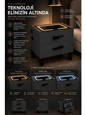 Diamond Antrasit Ledli Şarj Üniteli ve Bluetooth Hoparlörlü Komodin