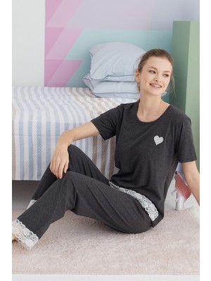 Siyah İnci Antrasit Pamuklu Örme Pijama Takım