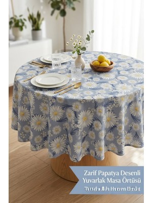Rona Home Premium Kalite Mavi Papatya Desenli Yuvarlak Masa Örtüsü Leke Tutmaz Özel Dokuma Kumaş Bahçe Balkon
