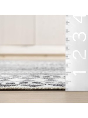 Kira Makinede Yıkanabilir Tribal Geometrik Yolluk Halı, 2' 6" x 12', Gri