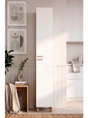 Robin Home Porto 2 Kapaklı 8 Raflı Ahşap Ayaklı Çok Amaçlı Mutfak Kiler Erzak Boy Dolabı Beyaz