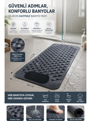 Empressco Kaydırmaz Silikon Banyo Paspası 36X69,5CM, Vantuzlu, Güvenli ve Konforlu