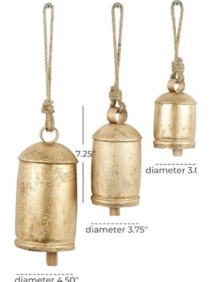 Deco 79 Dekoratif Metal Inek Çanı, Tibet Esintili, Meditasyon, Asmak Için Jüt Halatlı, 3 Adet, 25,4 Cm, 20,3 Cm, 15,2 cm Yüksekliğinde, Altın Rengi