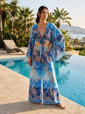 Mavi Bohem Bolero ve Pantolon Ikili Set
