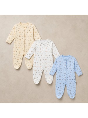 The Two Unisex Bebek Çok Renkli Örme Ayıcıklı Patikli 3'lü Tulum Seti 3-9 Ay %100 Pamuk