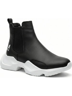 Beskar Siyah Beyaz Taban Bağcıksız Yüksek Tabanlı Erkek Spor Bot - Rahat Yarım Sneaker Bot BA0444