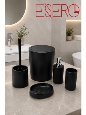 Esero Mat Siyah 5'li Banyo Aksesuar Seti – Modern Çizgili Tasarım | Çöp Kovası, Wc Fırçası, Sıvı Sabunluk, Diş Fırçalık, Sabunluk