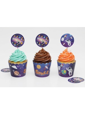 Bkmc Uzay Temalı Cupcake Kalıbı ve Kürdan Seti 16 Parça | 8 Cupcake Kalıbı + 8 Uzay Cupcake Süsü | Astronot Roket Doğum Günü Parti Süsleri