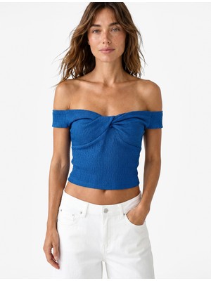 Koton Koton x Şahika Ercümen - Bürümcük Kumaş Kalp Yaka Düğüm Detaylı Omzu Açık Crop Top