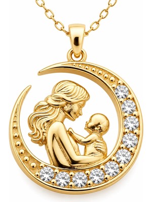 Gumush Hk Gümüş Hilal Içinde Anne Bebek Figürlü Gold Kolye | Gümüş Takı Hediyelik Ürünler